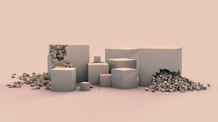 Poster - 3d rendering of a set of white cubes of different sizes. Two cubes are partially destroyed. Fragments, stones lie on the surface. Abstract composition.
