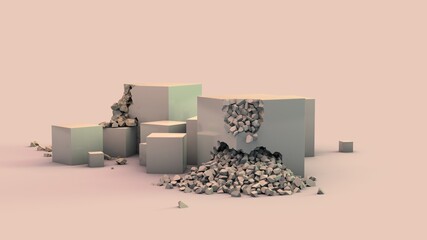 Poster - 3d rendering of a set of white cubes of different sizes. Two cubes are partially destroyed. Fragments, stones lie on the surface. Abstract composition.
