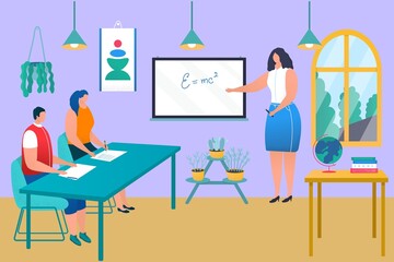 Wall Mural - Professional woman teacher character learn process in school, young student obtain knowledge flat vector illustration, physics formula.