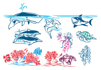  Sea world - whale, shark, hammerhead shark, corals, fish and crabs in the deep seabed. Underwater life, seaweeds, kelp and coral. Wall decoration vector set.