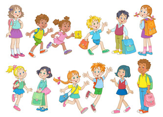 Poster - Group of happy multi-cultural children go, run and stand with school bags. In cartoon style. Isolated on white background. Vector illustration