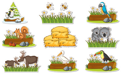 Wall Mural - Sticker set with different wild animals and nature elements