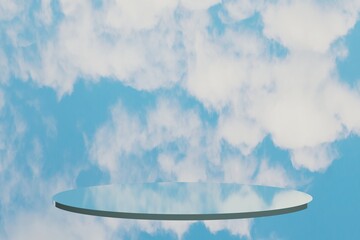 3d render of a blue mirror podium with a cloudy sky background