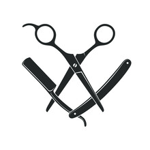 Scissors And Straight Razor Graphic Icon. Sign Crossed Scissors And Razor Isolated On White Background. Barbershop Symbols. Vector Illustration