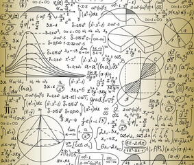 Wall Mural - Handwritten old manuscript with formulas, calculations and technical drawings, math vector seamless pattern