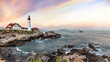 Panoramic view of the Portland Head Lighthouse at sunset. Cape Elizabeth, Maine, USA.