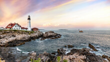 Panoramic View Of The Portland Head Lighthouse At Sunset. Cape Elizabeth, Maine, USA.