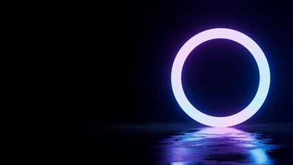 Fototapete - 3d render of fluorescent geometry rolling on a roughness surface with puddle effect. Abstract vibrant dark background. Ring geometry.