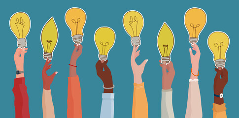 Raised arms of diverse and multi-ethnic business people holding a light bulb shaped label as a concept of innovation or startup or collaboration or financial investment.Community concept