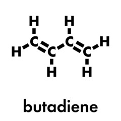 Poster - Butadiene (1,3-butadiene) synthetic rubber building block molecule. Used in synthesis of polybutadiene, ABS and other polymeric materials. Skeletal formula.