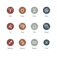 Wall Mural - Vector isolated zodiac icons set with titles. Collection of twelve round colored pictograms of horoscope signs on a white background. Design of astrological symbols