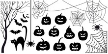 Set Of Halloween Silhouettes On A White Background. The Collection Includes Pumpkins, Jack Lantern, Spiders And Cobwebs, Cat, Bats, Tree Without Leaves. Vector Image In Black Color, Isolated.