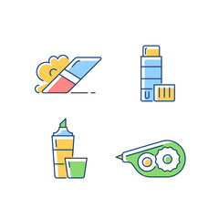 Sticker - School accessories RGB color icons set. Eraser for artistic use. Glue stick. Highlighter marker. Correction tape. Tools for study. Isolated vector illustrations. Simple filled line drawings collection