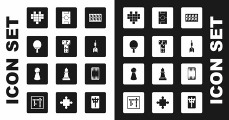 Poster - Set Board game, Domino, Racket, Pixel hearts for, Dart arrow, Hockey table, Backgammon board and Chip icon. Vector