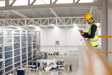 Portrait confident supervisor with digital tablet on platform in factory