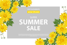 Summer Sale. Vector Banner With Yellow Flowers On White Background. 
