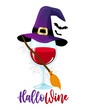 Happy Hallo Wine (Halloween) One glass on Wine in witch costume. - red wine with witch hat, broomstick and bats. Happy Halloween decoration. My broomstick runs on wine. Trick or Treat. T shirt design.