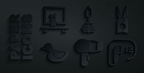 Sticker - Set Hair dryer, Clothes pin, Rubber duck, Shower, Toilet brush and Washbasin mirror icon. Vector