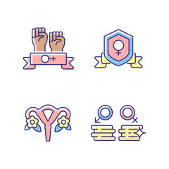 Sticker - Female empowerment RGB color icons set. Women community. Advancing gender equality. Feminist activist. Fight inequality in wages. Isolated vector illustrations. Simple filled line drawings collection