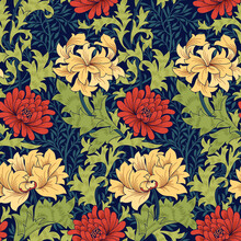 Floral Seamless Pattern With Big Red Flowers On Dark Blue Background. Classic Colors. Vector Illustration.