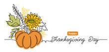 Thanksgiving Day One Line Art Background With Pumpkin Vegetable Composition. Simple Vector Greating Background, Banner, Poster. Continuous Line Drawing With Lettering Happy Thanksgiving Day