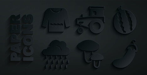 Wall Mural - Set Mushroom, Watermelon, Cloud with rain, Eggplant, Tractor and Sweater icon. Vector