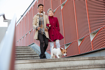 Wall Mural - Smiling young couple walking dog down urban, modern stairs