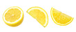 Ripe slice of yellow lemon fruit isolated on white background, juicy lemon, collection.