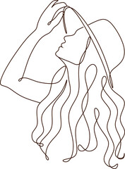 Woman in hat Continuous one line art. Minimalist portrait of female with abstract pastel shape for a logo, emblem or web banner. Beauty boho modern illustration