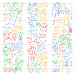  Kindergarten pattern with little children and toys. Creativity and imagination.