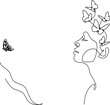 Butterfly Surreal Woman Face  line art.  Abstract face with butterfly one line drawing. Portrat minimalistic style. Fashion concept, woman beauty minimalist, poster with minimal woman face 