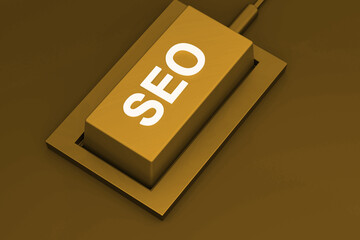 Poster - Golden Glowing SEO Button in 3D Rendered Concept. Modern web concept backdrop