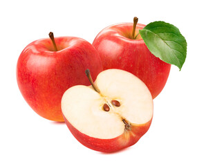 Wall Mural - Two fresh red apples and half isolated on white background. Package design element with clipping path