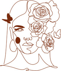 Flower face woman line drawing. Modern continuous line art. Women line art. Beauty salon logo. Coloring book. Botanical print. Nature symbol of cosmetics. Fashion logo.