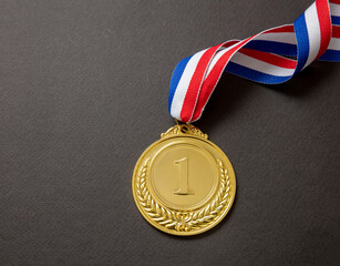 Wall Mural - Gold medal. Champion trophy award and ribbon. Prize in sport for winner isolated on black background