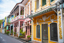 Travel landmark on summer trip famous location.Phuket old town Colorful buildings in Sino Portuguese style