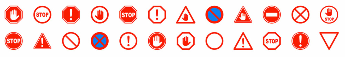red stop sign.set of prohibition sign.stop symbol.stop set vector sign with hand. hand forbidden vec