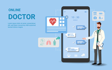 Wall Mural - Online medical consultation on mobile app with male doctor. tele medicine, Online healthcare and medical consultation, Online diagnostics, Ask a doctor, Digital health concept. 3D vector