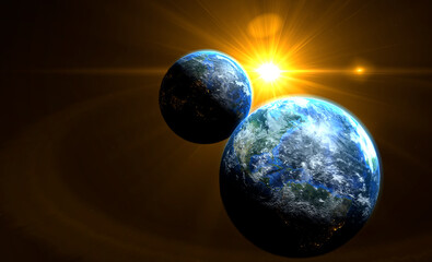 Wall Mural - orange sunrise on the two earth rotate in space with star in universe. world realistic atmosphere 3d