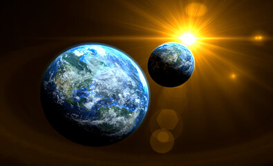 Wall Mural - orange sunrise on the two earth rotate in space with star in universe. world realistic atmosphere 3d