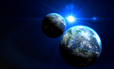 Wall Mural - blue sunrise on the two earth rotate in space with star in universe. world realistic atmosphere 3d v