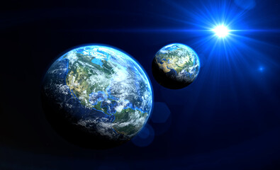 Wall Mural - blue sunrise on the two earth rotate in space with star in universe. world realistic atmosphere 3d v