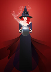 Beautiful witch wearing hat and black dress holding a magic cauldron casting a spell.