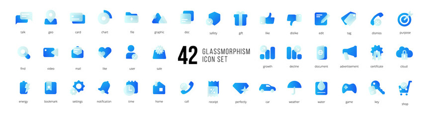 a set of blue vector icons of modern trend in the style of glass morphism with gradient, blur and tr