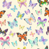 Fototapeta Koty - Seamless botanical summer pattern with colorful watercolor butterflies