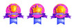 © Oleksandra - Level up UI game badge set, vector bonus rank reward icon kit, golden cup, royal crown, winner shield. Mobile app user interface rating achievement sticker purple ribbon. Level up game emblem on white