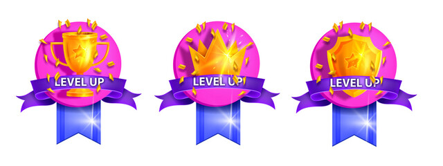 Level up UI game badge set, vector bonus rank reward icon kit, golden cup, royal crown, winner shield. Mobile app user interface rating achievement sticker purple ribbon. Level up game emblem on white