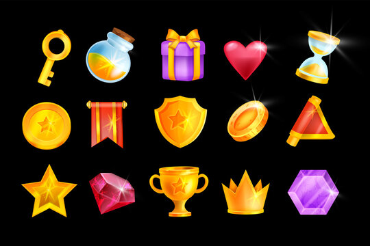 UI game icon set, vector casino mobile app element kit, golden shield, award medal, trophy cup, gift box. 2D fantasy inventory object, red flag, ruby gemstone, magic potion, hourglass. Game icon pack