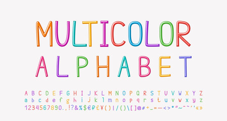 Leinwandbilder - Bright multicolor thin alphabet letters, numbers, signs. Hand drawn linear kids font