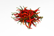 A Bunch Of Fresh Curly Red Chilies (Cabai Merah Keriting) Isolated On White Background. Selective Focus Of Hot Chili Pepper Stock Images. Agriculture Background.